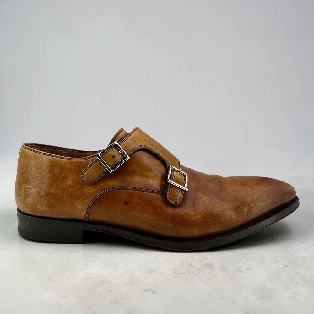 Magnanni Double Buckle‎ Monk Strap Shoes Mens 10M Ramolo Tobacco Brown Leather